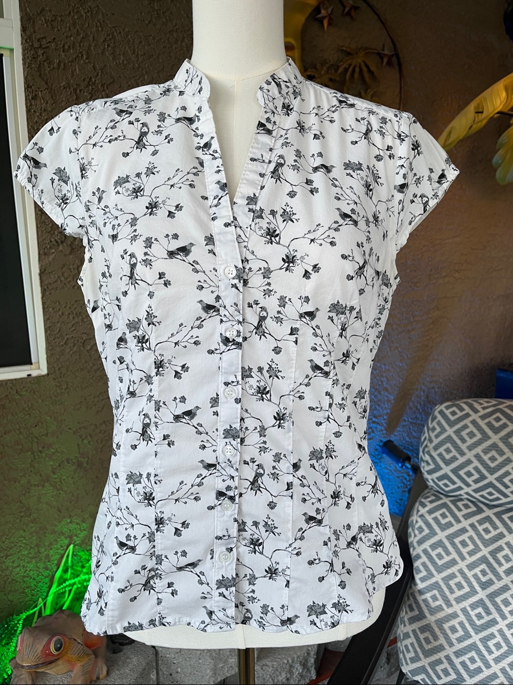 H&M White Button-Down Cap-Sleeve Top with Black Floral Print